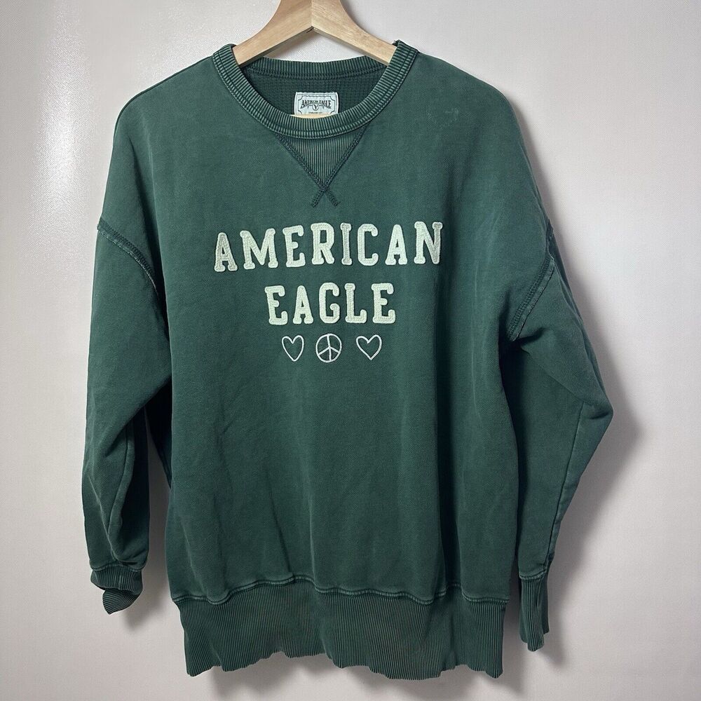 American Eagle Sidekick Sweatshirt Sun Washed Green Embroidered Lounge College S